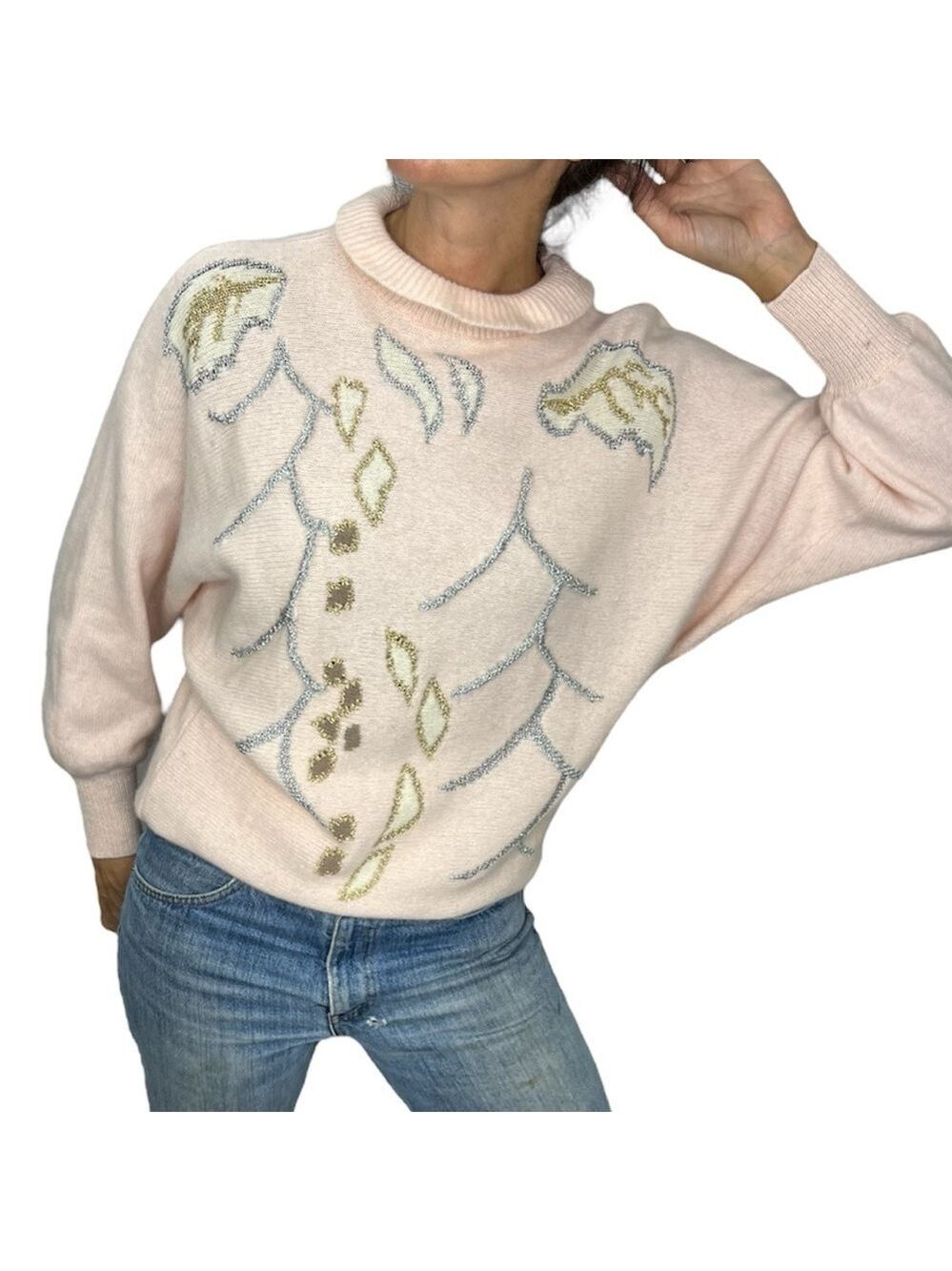 Vintage L'Ultima pale pink fuzzy Angora bat wing dolman sleeve sweater - Picture 2 of 12